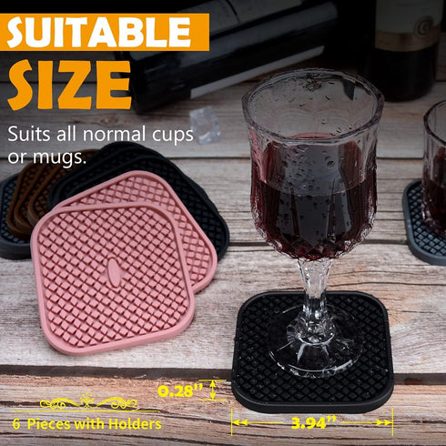 IYYI Silicone Coasters Set of 6, Drink Coasters with Holder, Non-Slip Cup Mat, Deep Tray Absorbent Coaster, Heat