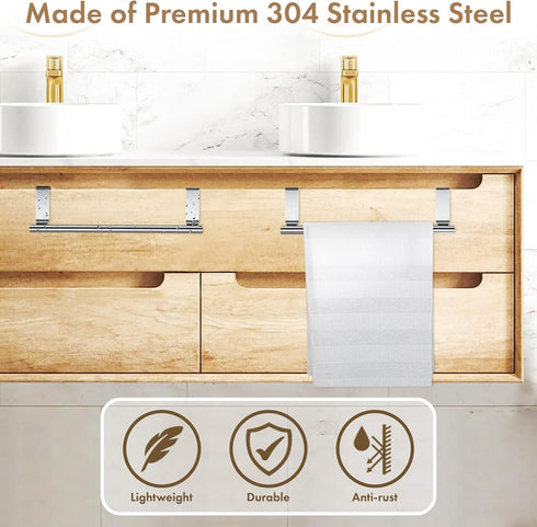Over Cabinet Towel Bar with Hooks - 14 Inch Brushed Stainless Steel Rack for Bathroom & Kitchen