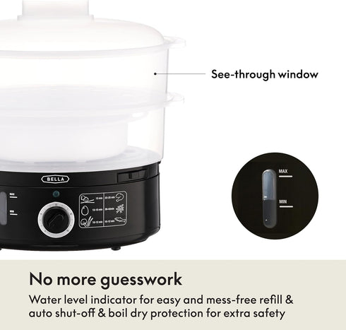 BELLA Two Tier Food Steamer, 7.4 QT, Stainless Steel, Stackable Baskets & Dishwasher Safe Lids