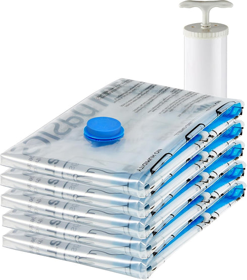 Amazon Basics Vacuum Compression Zipper Storage Bags - Medium, Clear, 5-Pack with Hand Pump