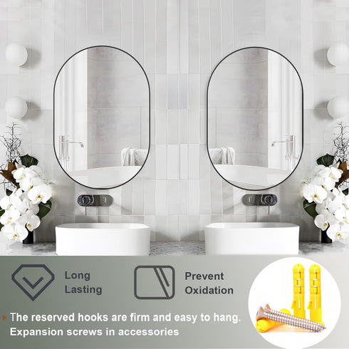 Oval Bathroom Mirror 20"x30" - Black Wall Vanity Mirrors for Over Sink, Modern Capsule Design with Metal Frame
