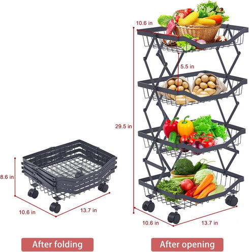 ULIKEUS 4 Tier Fruit Basket for Kitchen Stackable Metal Wire Fruit Vegetable Basket with Wheels Narrow Corner Rolling