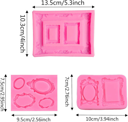 3 Pieces Pink Silicone Picture Frames Mold for Cake Decorating, Sugar Gum Paste, Chocolate Cookies, Resin