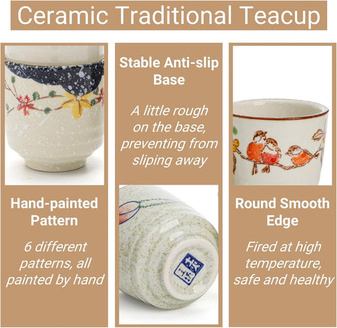 6 6 Oz Pieces Japanese Tea Cups, Ceramic Coffee Cup with Good Heat Retention, No Handle Teacup Matcha Mug for Latte