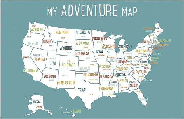 USA Adventure Wall Map Art Print, 11x14 Inch, Blue, Kid's Room Decor, Gender Neutral Nursery