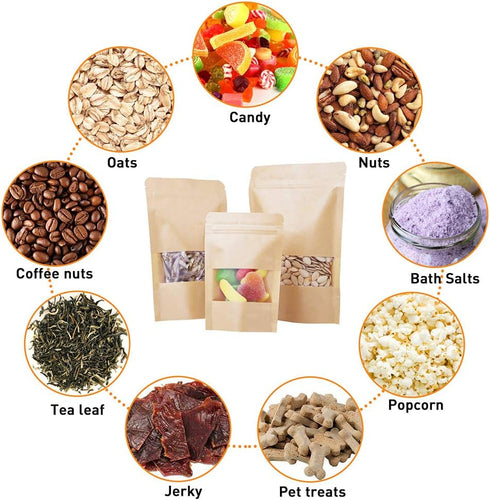 LZLPACKING Kraft Stand Up Pouches bags 100 Pcs, Brown Resealable Bags with Window for Home or Business, Zip Lock Food