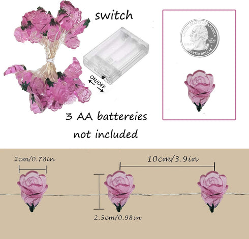 13FT 40LED Pink Rose Flower String Lights, Battery Operated Fairy Light Romantic Valentine's Day Decor, Decorative