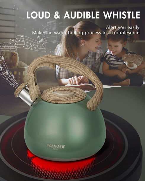 2.7 (JX2020-SB30) Poliviar Tea Kettle, Quart Seaweed Green Finish with Wood Pattern Handle Loud Whistle Food Grade