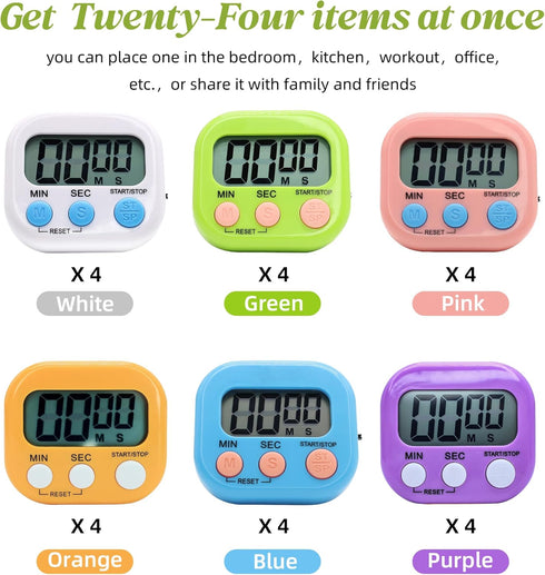 BXF SPORTS 24 Pack Multi-Function Electronic Timer - Kitchen Timer,Magnetic Digital Timers,Big LCD Display, ON/Off