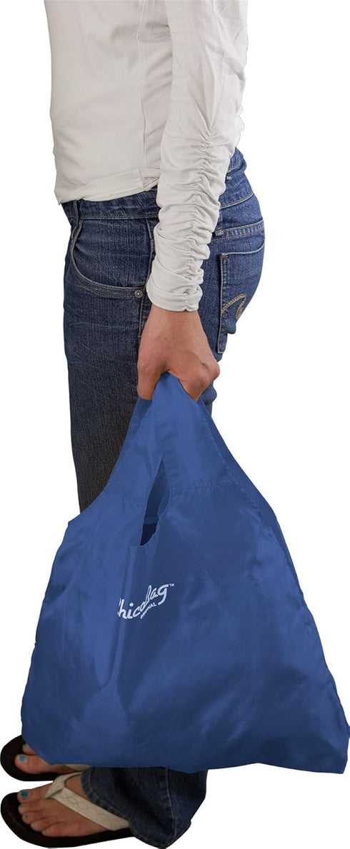 ChicoBag Original Compact Reusable Grocery Bag with Attached Pouch and Carabiner Clip - 4 Pack Blue
