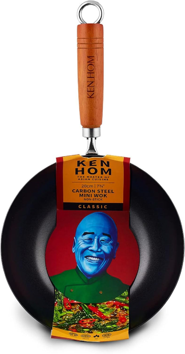 Ken Hom Classic 8-Inch Non-Stick Carbon Steel Mini Wok, Lightweight Stir Fry Pan, Hand Wash Only