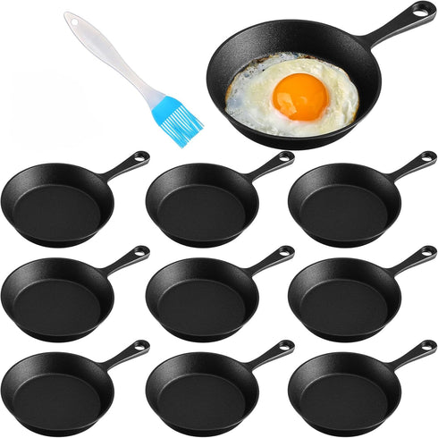 Remerry 10 Sets Cast Iron Skillets | 4 Inches Mini Black Nonstick Frying Pan Bundle with Oil Brush