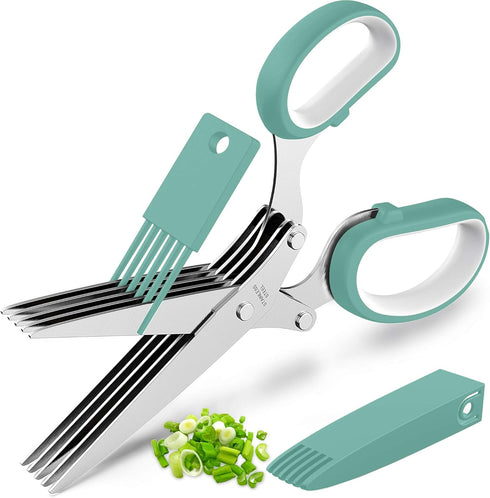 Updated 2025 Herb Scissors Set - Herb Cutter Shears with 5 Blades, Sharp Anti-rust Stainless Steel, Blue-White