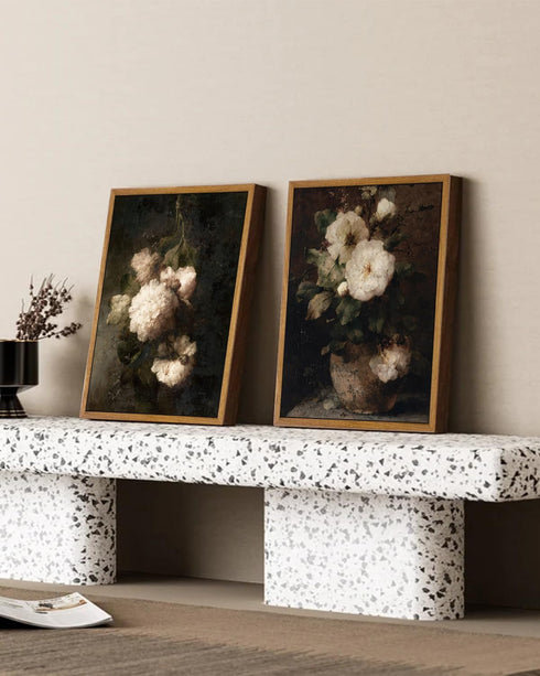 VIYYIEA Set of 2 Vintage Floral Framed Wall Art, Retro White Flowers Canvas Prints for Bathroom Bedroom Kitchen
