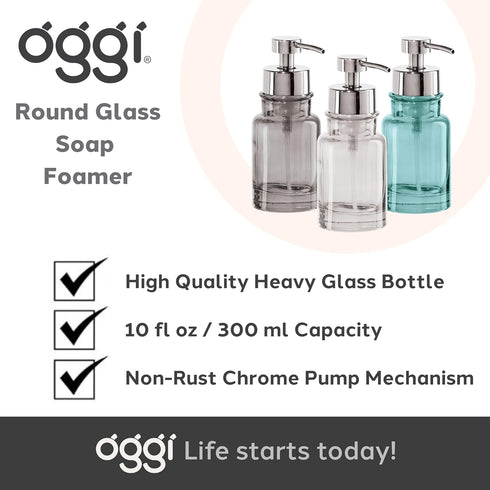 OGGI Glass Foaming Soap Dispenser, 10oz Capacity, Stylish Refillable for Bathroom and Kitchen in Gray/Chrome