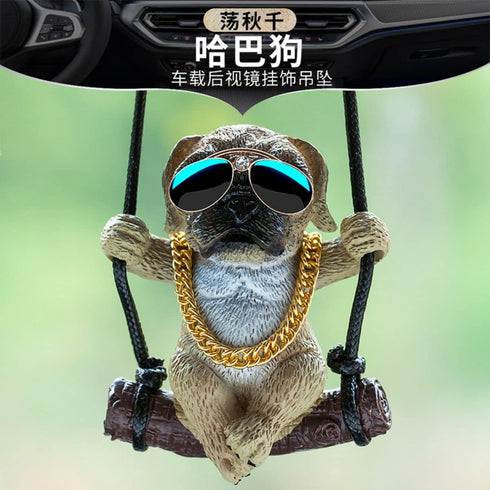 Swing Pug Car Hanging Ornament, Cute Resin Dog Figurines for Rearview Mirror Decoration