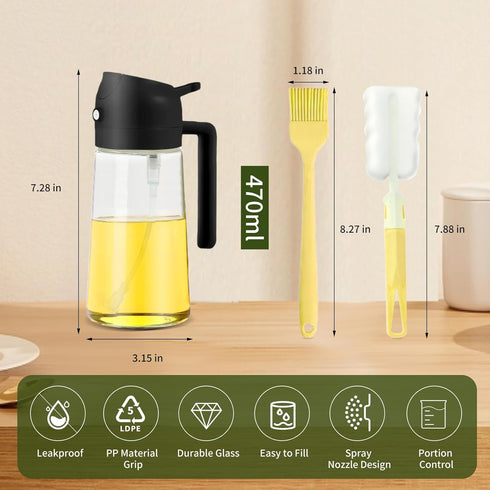 16oz Olive Oil Dispenser Spray Bottle with Brush, 2 in 1 Olive Oil Dispenser and Sprayer for Cooking (Black)