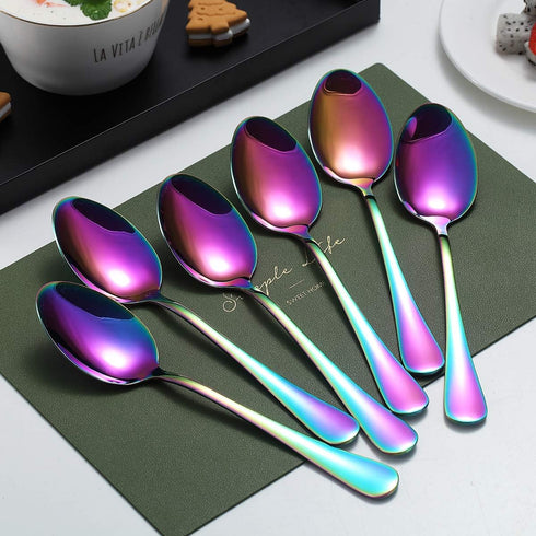 Kyraton Rainbow Dinner Spoons, 6 Pieces 7.5" Stainless Steel Table Spoons with Colorful Titanium Plating