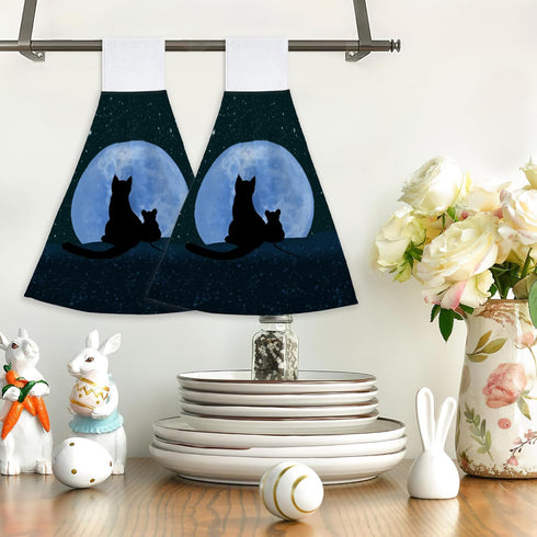2 12x17 Halloween Decorations Cat Moon Starry Sky Hand Towels Hanging Kitchen Dish Towel with Loop PCS, Soft Super