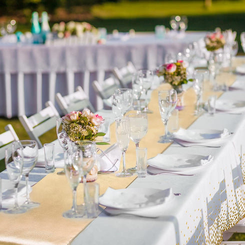 24 Packs Set, 54 108 Inch 12 108 Inch Breling White and Gold Disposable Plastic Tablecloths and Satin Table Runner x