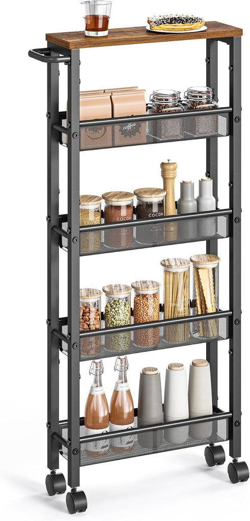 VASAGLE Slim Rolling Cart, 5-Tier Storage Cart with Handle, 5.1 Inches Deep Metal Frame for Kitchen, Dining Room, Home
