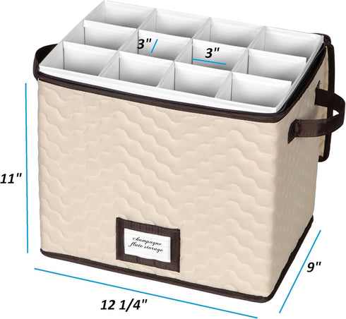 Wine Glass Storage Box with Dividers - Holds 12 Champagne Flute Glasses up to 10" Tall, Durable Quilted Microfiber Bin