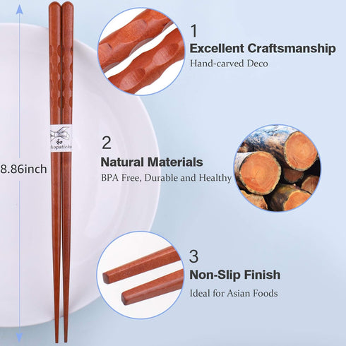 GLAMFIELDS Reusable Chopsticks, 5 Pairs, Japanese Natural Wooden, Hand-Carved, 8.8 Inch/22.5cm Gift Set