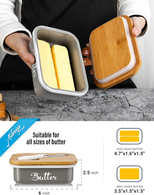 Butter Dish with Lid for Countertop, AISBUGUR Metal Butter Keeper with Stainless Steel Multipurpose Butter Knife, Large Butter Container with Double High-quality Silicone Good Kitchen Gift Grey