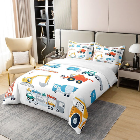 Cartoon Cars 100% Cotton Duvet Cover Queen, Colorful Building Machine Comforter Cover for Kids Boys Girls, Red Blue