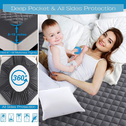 GRT Twin Size Grey Quilted Fitted Mattress Pad, 100% Waterproof, Noiseless Cotton Mattress Protector