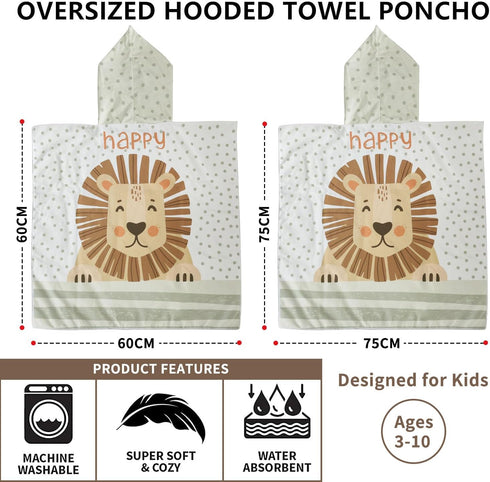 Thin Quick-Dry Beach Towel with Hood for Kids - Blue Stripe Lion Design