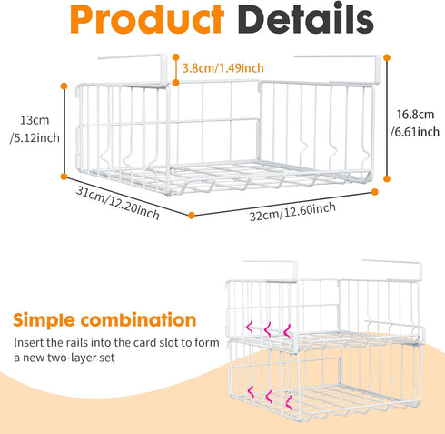 Resulzon 2Pack, Under Shelf Basket Storage Steel Under Shelf Hanging Wire Baskets Shelves for Laundry Room Kitchen Desk