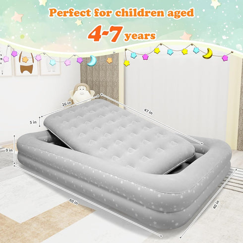 EQURROY 4-7 Air Mattress for Kids Years - Toddler Travel Bed with Built-in Pump, Sides for Safety, Ultra Soft Plush