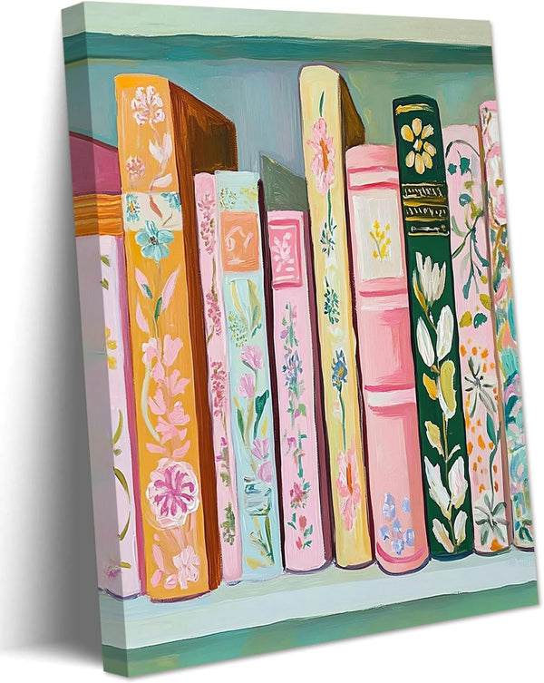 Marllifenney Book Wall Art Vintage Flower Books Canvas Wall Decor Pastel Bookshelf Artwork