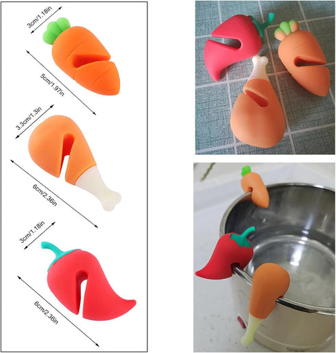 6 Pack Pot Lid Lifter Silicone Heat Resistant Spill Proof Pan Cover Stand Holder Clip Steam Releaser Stopper for Soup Pots Kitchen Gadgets (Carrot, Pepper, Chicken Leg 3 Style) by NentMent