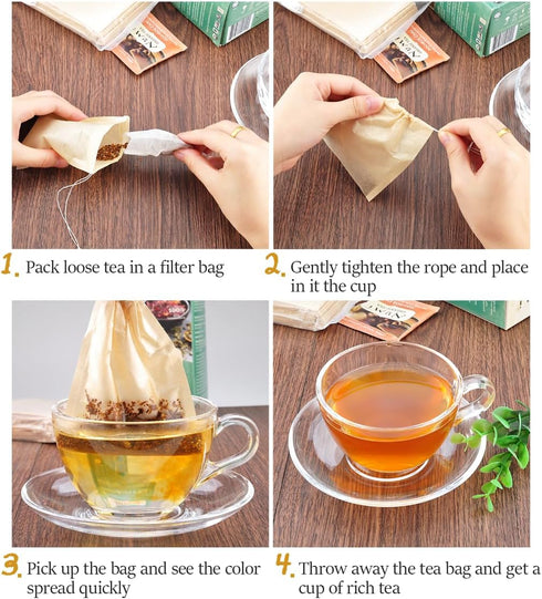 300PCS Disposable Tea Filter Bags with Drawstring, 100% Natural & Safe Loose Leaf Tea Empty Bags