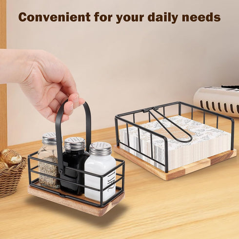 Flat Napkin Holder, Metal Kitchen Napkin Holder with Weighted Tension Arm and Seasoning Storage for Dining Room