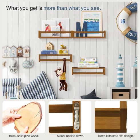 4-Pack) Forbena Walnut Brown Nursery Bookshelf Wall Mounted, Wooden Floating Book Shelves for Wall, Nursery Hanging