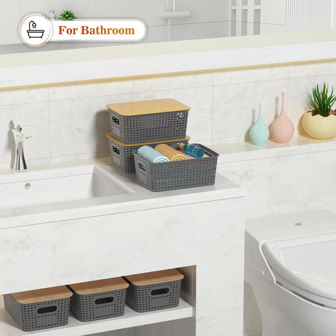 Plastic Storage Baskets with Bamboo Lid, Stackable Storage Bins for Organizing Shelves, 6 Pack, Gray