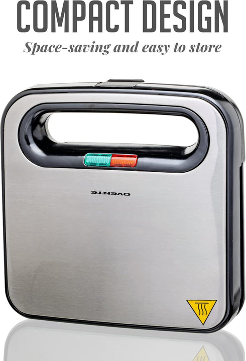 OVENTE Electric Panini Press Grill with Nonstick Plates, LED Indicator Lights, Compact Sandwich Maker, Black