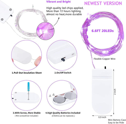 15 Packs 20 LED Purple Fairy Lights, Battery Operated 6.6ft Silver String Lights Waterproof for DIY Table Centerpieces