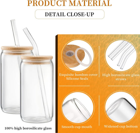DWTS 4pcs Glass Cups with Lids & Straws - Coffee Tumbler Set, Drinking Glasses Gift with 2 Cleaning Brushes