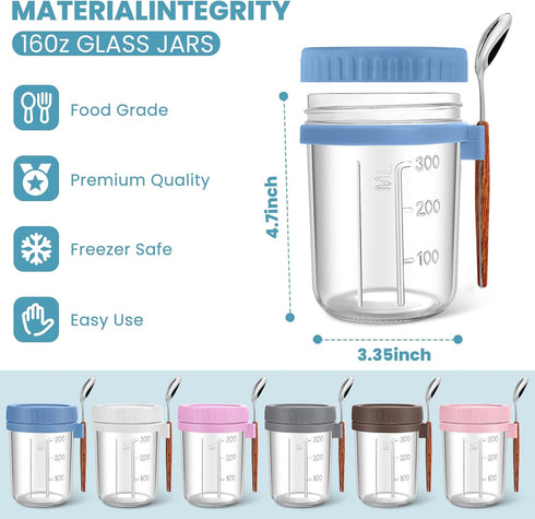 Yeenhoopy 6 Pack 16 oz Overnight Oats Containers with Lids and Spoons, Glass Mason Jars with Airtight Lids, Meal Prep