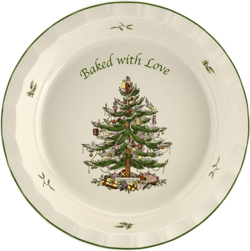 Spode Christmas Tree 10-Inch Pie Dish - Round Baking Dish for Holiday Desserts, Dishwasher, Microwave Safe