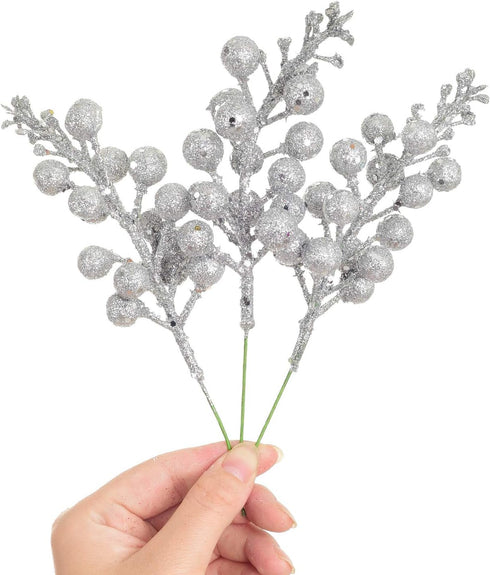 Lvydec 16pcs Christmas Glitter Berries Stems, 7.8" Artificial Picks for Christmas Tree Ornaments & DIY Wreath