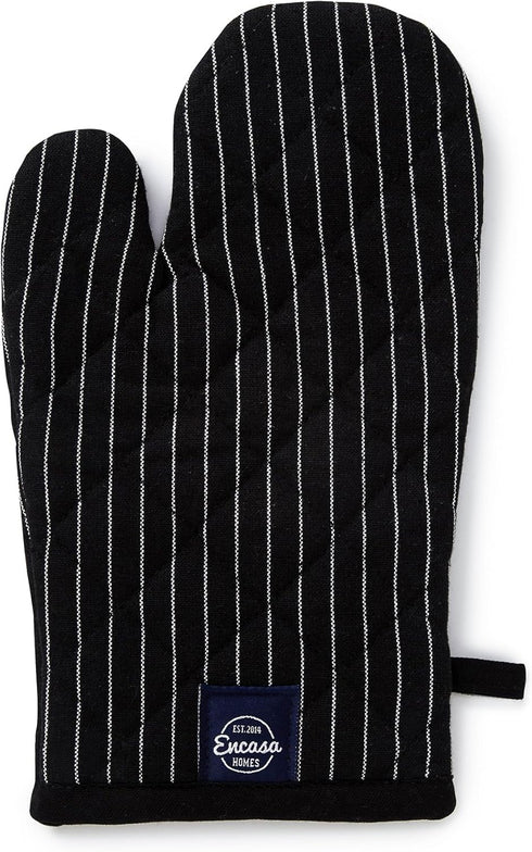 Encasa Homes Long Oven Mitts, 12" Heat Resistant Gloves (2 pc Set) for Kitchen Cooking & Baking - Butcher Stripes Black