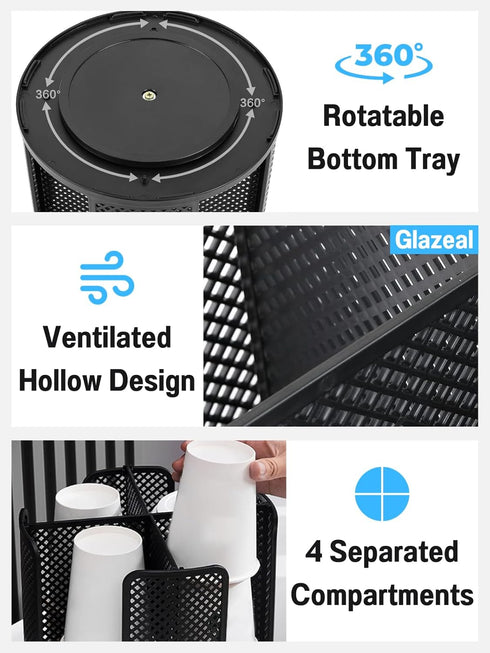 Rotatable Cup and Lid Organizer with 4 Compartments, Coffee Cup Dispenser for 5-16 oz Paper Cup Storage