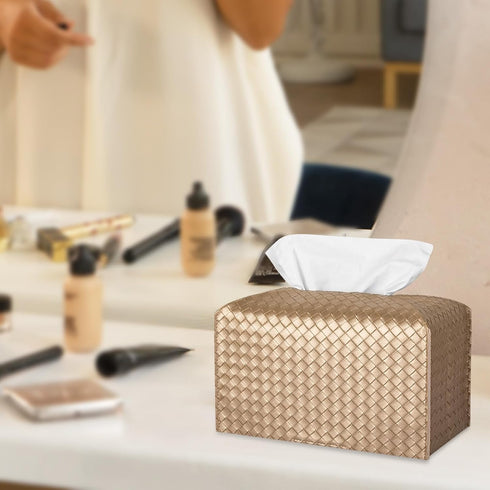 Tissue Box Cover Rectangle PU Leather Tissue Holder Facial Tissue Case Paper Organizer Dispenser for Bathroom, Vanity, Countertop, Tabletop, Car, Office, Gold by zoocatia