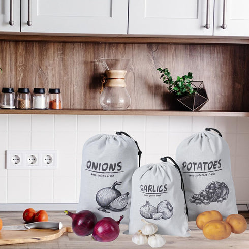 Potato Onion Garlic Storage Bag, Reusable Vegetable Storage Bags with Drawstring Closure, 3 Packs (Potato Onion Garlic
