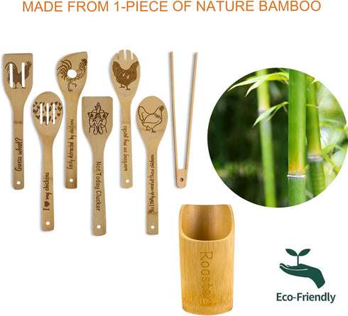 8PCS Rooster Wooden Cooking Spoons with Holder, Farmhouse Kitchen Decor Gifts for Women